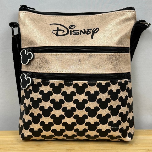 Disney Handbags - Disney Mickey Mouse Crossbody Bag Rose Gold Metallic Triple Zip Small Purse
